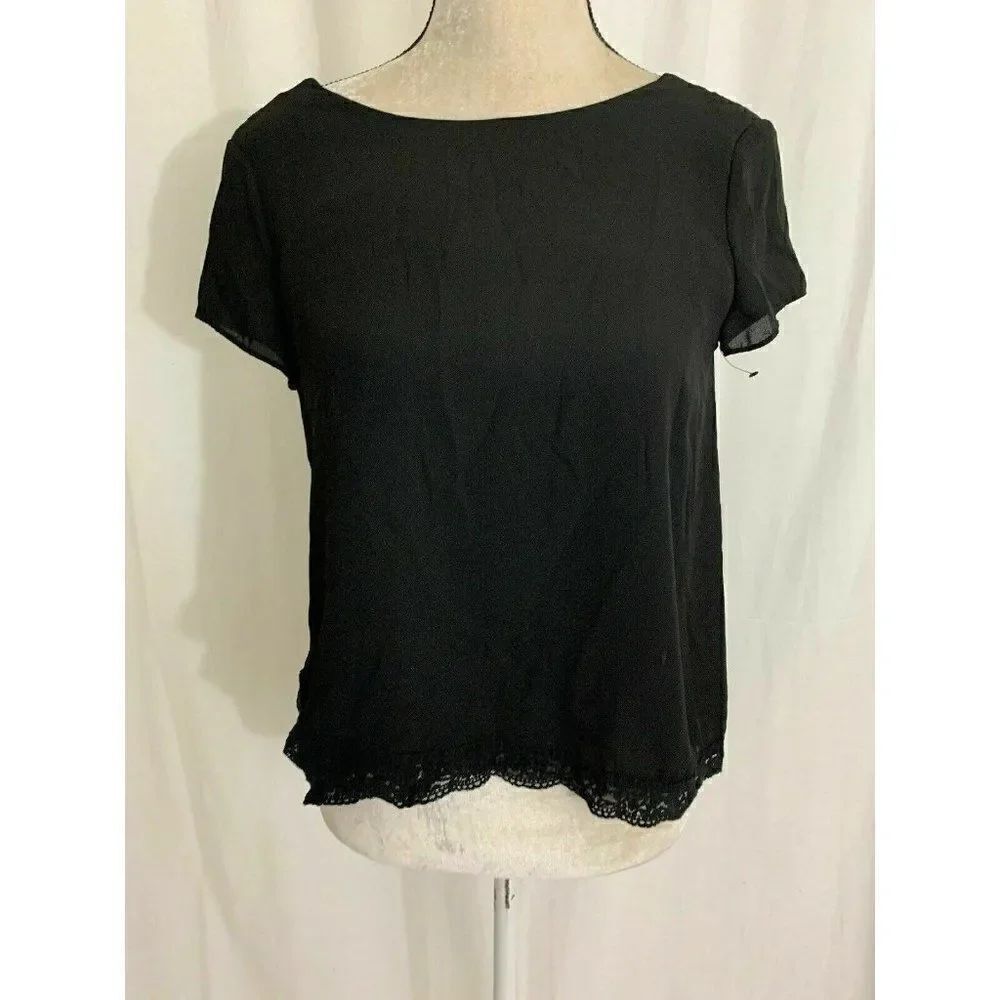 Zara Womens Solid Black Short Sleeve Lace Top Blouse Xs